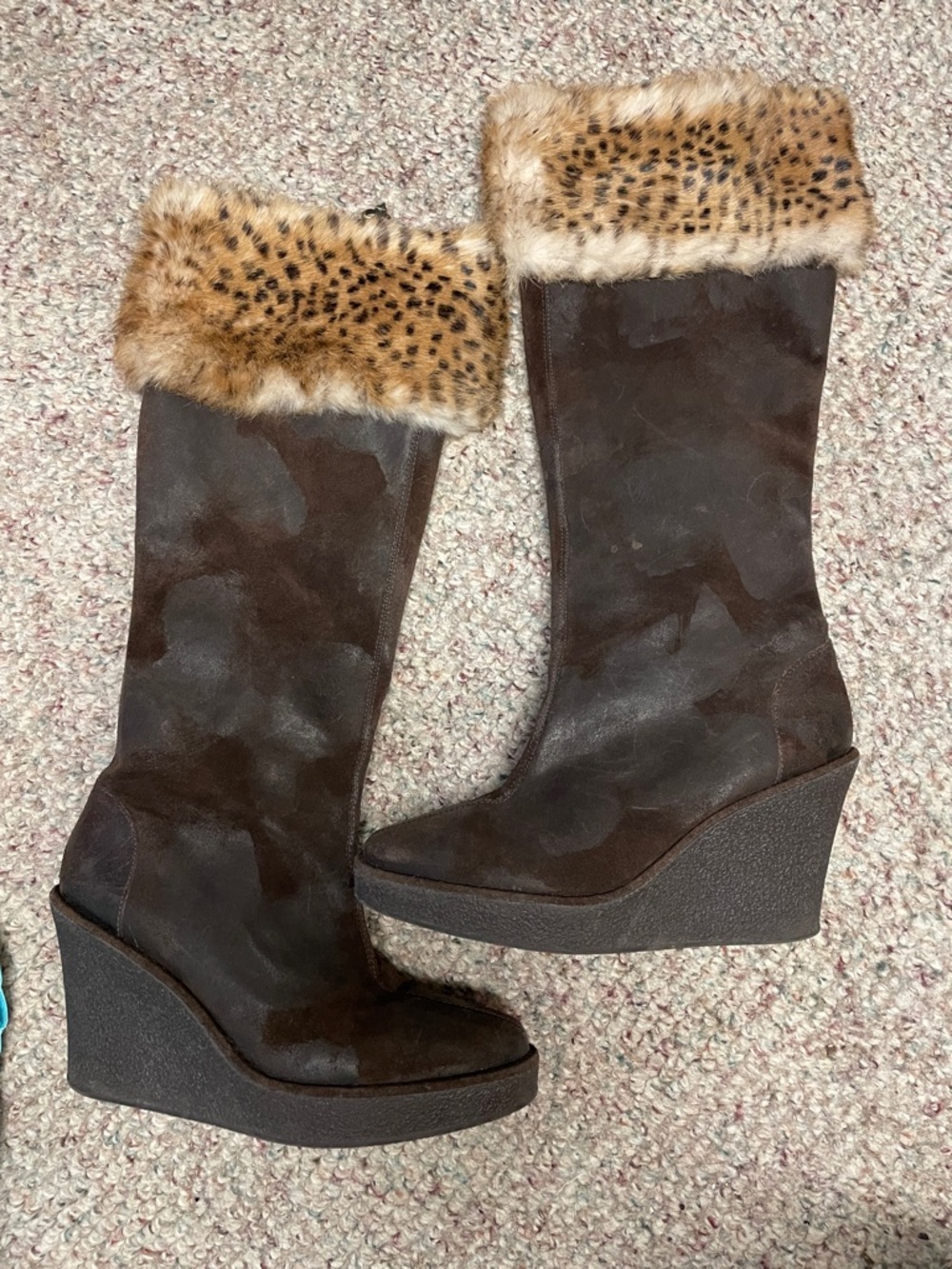 Donald j pliner leopard fur cuffed Brown Suede Wedge Boots